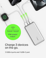 Belkin Portable Charger, USB-C Power Bank 10k w/ 1 USB-C Port and 2 USB-A Ports with USB-A to USB-C Cable for iPhone 16, 16 Plus, 16 Pro, 16 Pro Max, Samsung Galaxy S24, & More - Silver