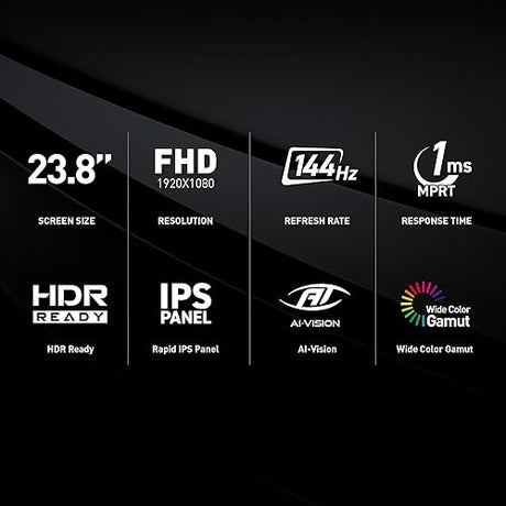 MSI G242L E14 24-inch 1920 x 1080 (FHD) Gaming Monitor, 144Hz, Adaptive-Synch, HDMI, DisplayPort, VESA Mountable, Tilt, Height Adjustable, Speaker, 1ms, Black