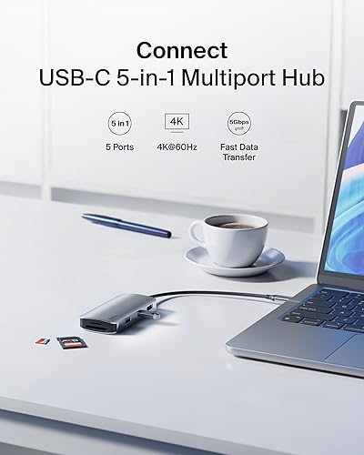 Belkin USB-C Hub, 5-in-1 Multiport Adapter - USB-C Docking Station with 4K HDMI, 2 x USB-A Ports, SD Card Slot, & MicroSD Card Slot for MacBook Pro, Air, iPad Pro, XPS, and More 5-in-1 MultiPort Hub, 4K 60Hz