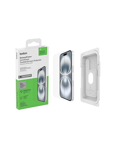 Belkin ScreenForce InvisiGlass Treated Screen Protector for iPhone 16, iPhone 15, & iPhone 14 Pro, Scratch-Resistant Impact Protection w/Included Easy Align Tray for Bubble Free Application - Made
