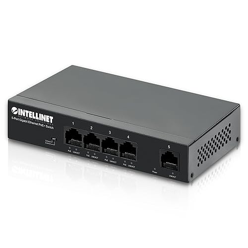 Intellinet 5-Port Gigabit Ethernet Poe+ Switch – 4 Poe+ Ports @40W Budget, up to 30W Per Port - 10Gbps Switching Capacity, Unmanaged, Wall Mountable, Fanless, Durable Metal – 3 Yr Mfg Warranty-561792