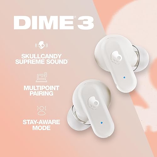 Skullcandy Dime 3 In-Ear Wireless Earbuds, 20 Hr Battery, Microphone, Works with iPhone Android and Bluetooth Devices - Bone/Orange Glow Bone/Orange Glow Dime 3