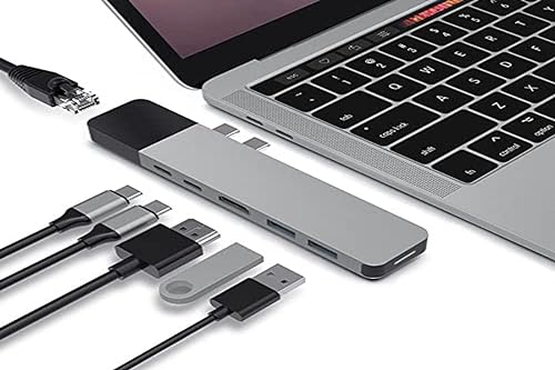 HyperDrive USB C Hub, Dual Type C Hub Adapter for MacBook Pro 13" 15", 6-in-2 Multi-Port Thunderbolt USB-C Dongle with Gigabit Ethernet, 40Gb/s C-USB 100W, 5Gb/s Type-C 60W PD, 4K HDMI Space Gray