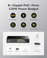 Cudy 8 Port Gigabit PoE Switch, 120 Watts PoE Budget, 8 10/100/1000Mbps PoE+ Ports, 2 Gigabit Uplink Ports , 802.3at, 802.3af, 1/2 (+), 3/6 (-), Fanless, Plug and Play, GS1010PE