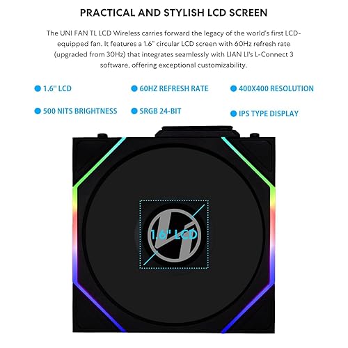 Lian Li UNI Fan TL - LCD Wireless 140 - Single Pack (Reverse Blade) - 2.4 GHz Wireless Signal ARGB Fan & Dual-Zone Lighting Control - 140mm - Controller NOT Included & Required -White (14RTLLCD1W1W) LCD 1 x 140mm Reverse White