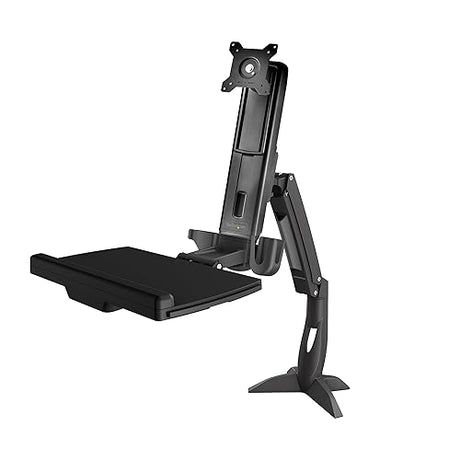 StarTech.com Sit Stand Monitor Arm - Desk Mount Adjustable Sit-Stand Workstation Arm for Single 27 VESA Mount Display - Ergonomic Articulating Standing Desk Converter with Keyboard Tray (ARMSTSCP1) Desk Mount – Spring Arm Black