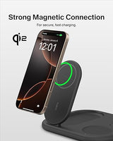 Belkin 3-in-1 MagSafe-Compatible iPhone Charger 15W, Foldable Magnetic Qi2-Certified Wireless Charging Station for iPhone 16, Apple Watch Series 10, AirPods 4, and More, w/Non-Slip Base & PSU - Black Black 3 in 1
