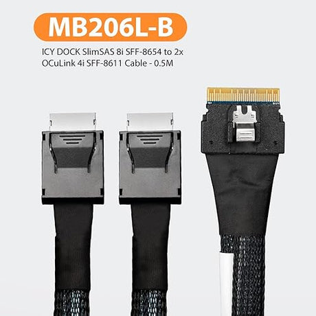 ICY DOCK SlimSAS 8i SFF-8654 to 2X OCuLink 4i SFF-8611 Cable - 0.5M