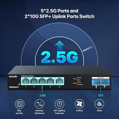 Tenda TEM2007X, 5 Port 2.5G Ethernet Switch, Unmanaged 10Gb Switch with 5 x 2.5G Ports & 2 x 10Gb SFP+ Slots, 50Gbps Switching Capacity, Plug & Play, Desktop/ Wall-Mount, Fanless Metal Design