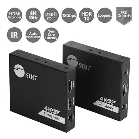 SIIG 4K HDMI Extender Balun Over Cat6/7 230ft with Loopout and IR Passthrough, 4K 60Hz, Audio Extractor (CE-H27D11-S1)