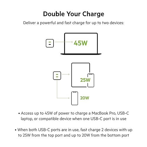 Belkin BoostCharge Pro 45W Dual USB-C GaN Wall Charger, Multi-Port Charger w/ 2X USB-C PD 3.0 Fast Charge Ports for MacBook, iPhone, iPad, Galaxy, Google Pixel, & More + USB-C to USB-C Cable - White Includes USB-C to USB-C Cable