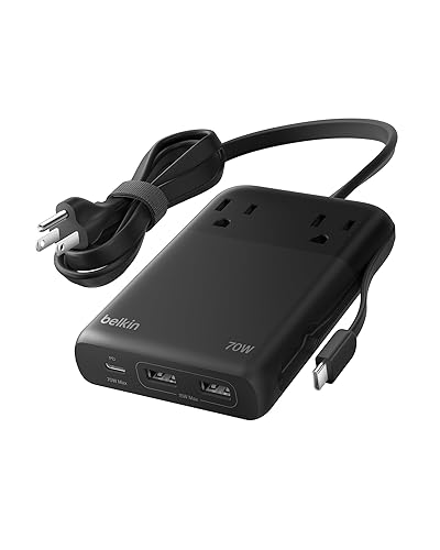 Belkin GaN Charging Station 70W, 6-in-1 USB C Charger w/ 2X AC Outlets, 2X USB A Ports, Integrated USB C Cable - Power Strip for iPhone, Apple Watch, iPad, MacBook, Chromebook, Galaxy, Pixel, & More 70W, 2 AC Outlet w/ Integrated Cable