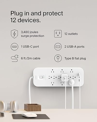Belkin 12-Outlet Surge Protector Power Strip w/ 12 AC Outlets, 2 USB-A Ports, & 1 USB-C Port, 6ft Cable, UL-Listed w/USB Ports for iPhone 16, 16 Plus, 16 Pro, 16 Pro Max - 3,480 Joules of Protection With USB-A & C