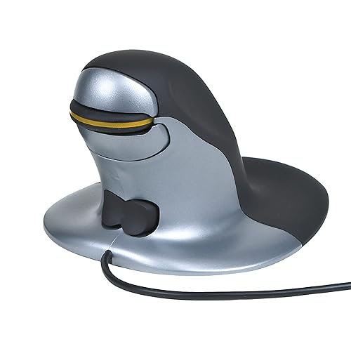 Posturite Penguin Ambidextrous Wired Ergonomic Mouse USB, Alleviates RSI, Easy-Glide, Vertical Design, PC Computer & Apple Mac Compatible (Black/Silver, Size: Large) Large, Wired