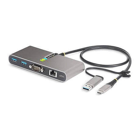 StarTech.com 2-Port USB-C Hub with Gb Ethernet and RS232 FTDI Serial, Attached USB-C to USB-A Dongle, 100W PD Pass-Through, 2X USB-A 5Gbps