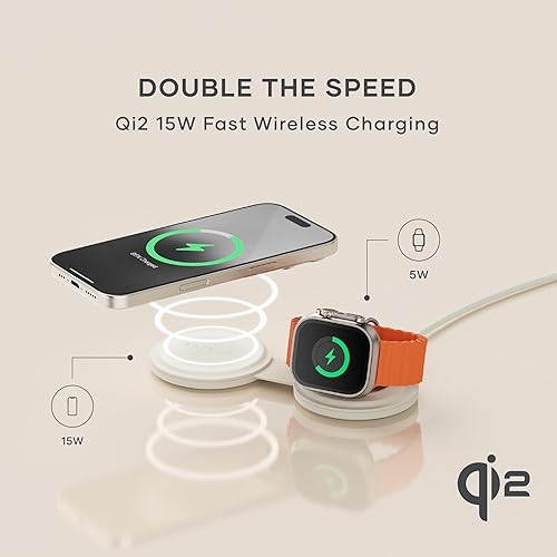 Satechi OntheGo™ 2 in 1 Wireless Charger, Qi2 Portable Charger with 15W Fast Charging for iPhone and 5W for Apple Watch, Magnetic Travel Charging Station – Sand 2 in 1 Charger Sand