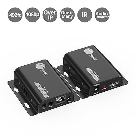 SIIG HDMI Over IP Extender Kit with IR - 492ft (150m), HDMI Extender, 1080p@60Hz, IR Control, Audio Extraction, One-to-Many Support (CE-H3IP01-S1)