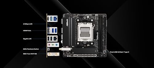 ASRock A620AI WiFi Mini-ITX AM5 Motherboard, AMD Ryzen 9000/8000/7000 Support, DDR5 8200+ (OC), PCIe 4.0, Dual M.2, WiFi 6E, 2.5G LAN, USB 3.2 Gen2
