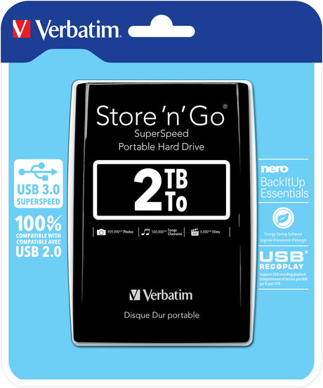 Verbatim Store N Go Portable Hard Drive, 2 TB, USB 3.0, 5, 400 Rpm, Black