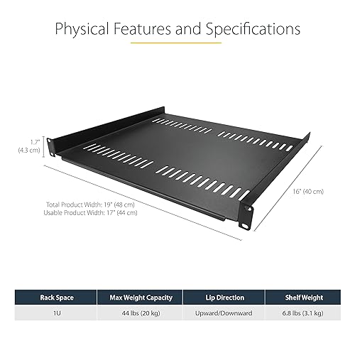 StarTech.com 2-Pack 1U Server Rack Shelf, Vented Rack Mount Cantilever Shelf, Heavy-Duty Steel, 44lb/20kg Capacity, 16 Deep