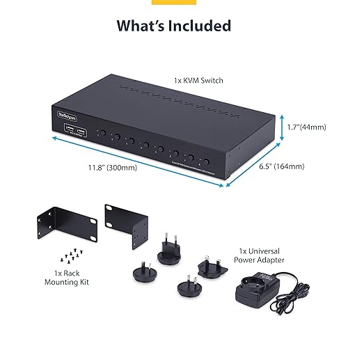 StarTech.com 8-Port DisplayPort KVM Switch w/1U Rack Mount Kit, 4K 60Hz DP 1.2, Push-Button/Hotkey Switching, TAA Compliant