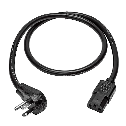 Tripp Lite Desktop Computer Power Cord, Right-Angle 5-15P to C13 - Heavy Duty, 15A, 125V, 14 AWG, 3 ft., Black (P007-003-15D)