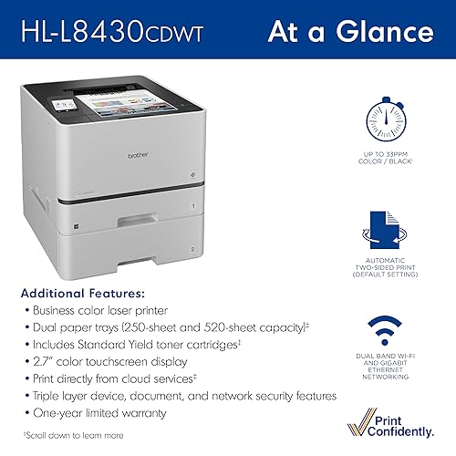 Brother HL-L8430CDWT Business Color Laser Printer with Dual Paper Trays, Low-Cost Printing, and Wireless Networking New HLL8430CDWT With Additonal Paper Tray (Current Model)