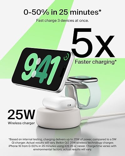Belkin MagSafe Charger Compatible, 3-in-1 Qi2 Wireless Charging Dock 25W, Adjustable Wireless Charger for iPhone 17, Apple Watch, AirPods, Desktop Phone Stand for Travel w/ 45W Adapter - Sand