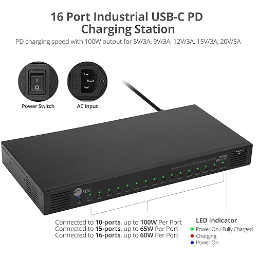 SIIG 16-Port Industrial USB-C PD Charging Station - 1000W - up to 10 USB-C 100W - up to 16 USB-C 60W (ID-US0C11-S1)