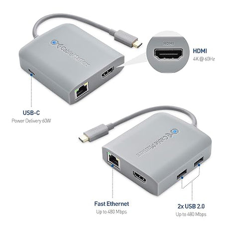 Cable Matters [Works with Chromebook Certified] USB C Hub Multiport Adapter with 4K HDMI, 2X USB 2.0, 480Mbps Ethernet, and 60W PD