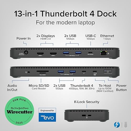 Plugable Thunderbolt 4 Dock with 100W Charging, Thunderbolt Certified, Laptop Docking Station Dual Monitor Single 8K or Dual 4K HDMI for Windows and Mac, 4X USB, Gigabit Ethernet (TBT4-UD5)