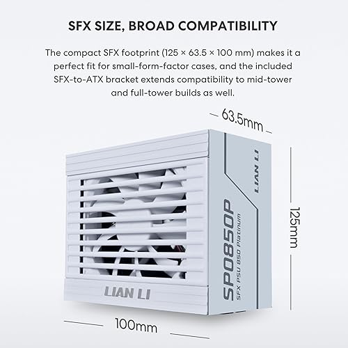 Lian Li SP1000 Platinum - 1000 Watt SFX Form Factor Power Supply with 12V-2x6 Cable - ATX 3.1 & PCIE 5.1 Compliant - Full Modular - 100% Japanese 105C Capacitors - White (SP1000P.W) Platinum 1000W White