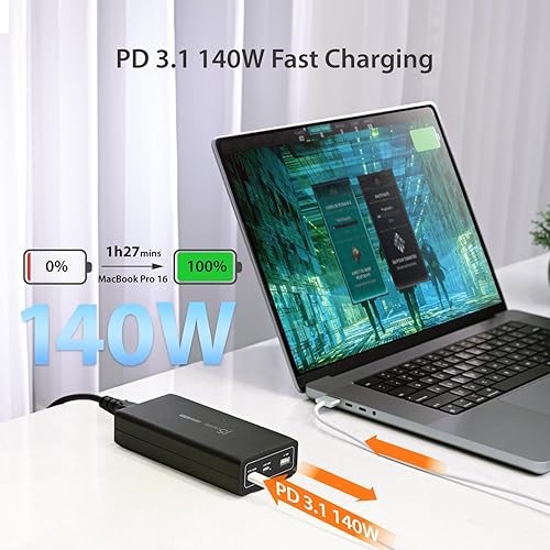 j5create 185W GaN USB-C/A 3-Port Laptop Super Charger w/Power Delivery 3.1, Supports MacBook Pro MagSafe 140W Charging-Simultaneously Power and Charge Laptops/Tablets/Phones/Game Consoles (JUP37185)