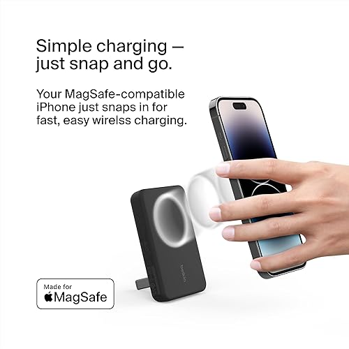 Belkin BoostCharge Wireless Power Bank 5K w/MagSafe Compatible 7.5W Charging, Built-in Pop-up Kickstand - Compatible w/iPhone 16, 16 Plus, 16 Pro, 16 Pro Max, iPhone 15, AirPods, and More - Black