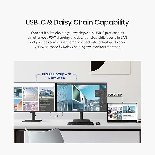 SAMSUNG 27 ViewFinity S6 (S60UD) Series QHD High Resolution Computer Monitor, 100Hz, HDR10, USB-C, Built-in LAN Port, Daisy Chain Support, Easy Setup, Height Adjustable Stand, LS27D606UANXGO, 2024