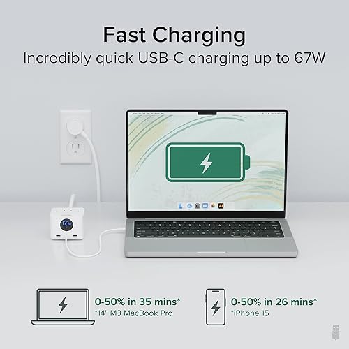 Plugable 67W USB C Power Strip, Charging Station Extension Cord with Multiple Outlets, Flat Wall Plug and Watt Meter, 3X USB-C, 3X AC Power Outlets for iPhone 16, Travel, Office, 5ft (PS3-METERC3)