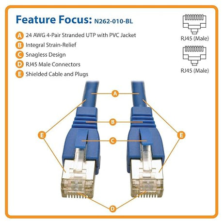 Tripp Lite Cat6a 10G Ethernet Cable, Snagless Molded STP Network Patch Cable (RJ45 M/M), Blue, 10 Feet / 3 Meters, Manufacturer's Warranty (N262-010-BL) Blue 10 Feet STP