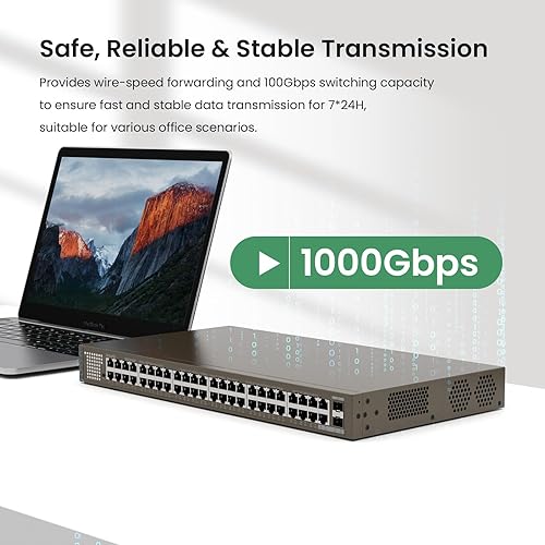 Tenda TEG1050F, 48 Port Gigabit Switch, Unmanaged Ethernet Switch with 48 Gigabit Ports & 2 SFP Slots, Plug & Play, Desktop/ Rack-Mount, Fanless & Metal Design, Limited Lifetime Protection