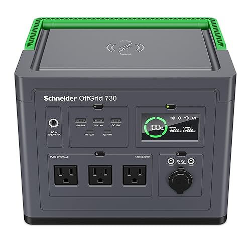 Schneider OffGrid Portable Power Station 738W / 728Wh Portable Solar Generator for Camping or Home, PPS730, Wireless phone charger, solar generator options 738Wh