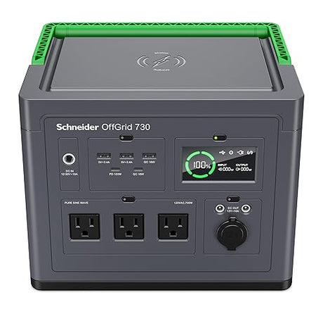 Schneider OffGrid Portable Power Station 738W / 728Wh Portable Solar Generator for Camping or Home, PPS730, Wireless phone charger, solar generator options 738Wh