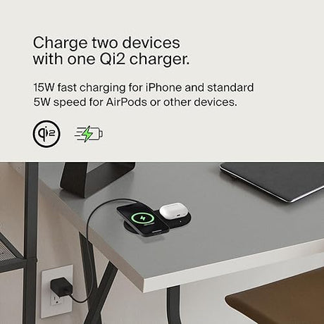 Belkin 2-in-1 Wireless Charging Pad w/ Qi2 15W + Additional USB-C Port - MagSafe-Compatible Charger, Charging Station for iPhone 16 & 15 Series, Samsung Galaxy S25 Series, AirPods, & More - Black Black 2 in 1 Pad (New)