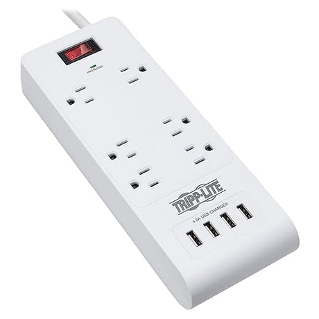 Tripp Lite 6 Outlet Surge Protector Power Strip 4 USB Ports 4.2A Fast Charge, 15 ft. Cord 900 Joules, White, (TLP64USBRA15) 6 Outlets 4 USB Ports