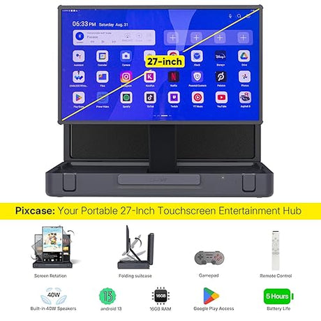 MP Mobile Pixels 27 Pixcase Computer Monitor, 1080P Touchscreen with 16GB RAM, Google Play Access, 40W Speakers, Compact Suitcase Design, Gamepad & Remote Included, Windows/Mac/Switch/Consoles