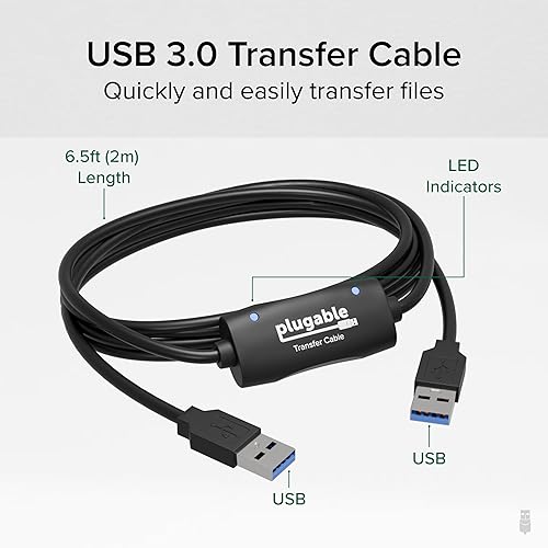 Plugable USB Transfer Cable, Unlimited Use, Transfer Data Between 2 Windows PC's, Compatible with Windows 11, 10, 7, XP, Bravura Easy Computer Sync Software Included