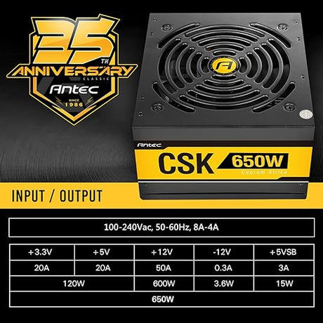Antec Bronze Power Supply, CSK 650W 80+ Bronze Certified PSU, Continuous Power with 120mm Silent Cooling Fan, ATX 12V 2.31 / EPS 12V, Bronze Power Supply CSK650