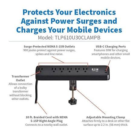 Eaton Tripp Lite series Desk Clamp Power Strip Surge Protector, 6-Outlets, 2x 30W USB-C Charging Ports, 900 Joules, 10ft Braided Flat Extension Cord, Lifetime Manufacturer's Warranty (TLP610U30CLAMPB) 6 Outlets Black (2x USB-C)