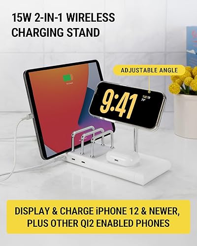 Scosche BaseLynx 2.0 Modular Charging Station with 15W MagSafe Wireless Charger Stand, 5W Charging Pad for AirPods Pro and 3 Port 60W USB-C Multi Device Fast Phone Charger Compatible with Apple iPhone Charging Pads & Multi Device Gen 2 White