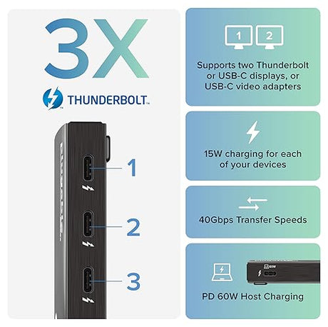 Plugable Thunderbolt 4 Hub | 60W Laptop Charging | 3X Thunderbolt 4 Ports | Dual 4K/Single 8K Displays | USB4 Compatibility - TBT4-HUB3C