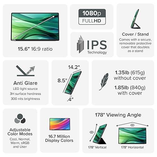 Plugable USB C Portable Monitor 15.6 Inch, 100W Pass-Through Charging for Your Laptop Smartphone Tablet, 3x USB-C 10Gbps Hub FHD 1920x1080 IPS Travel Display 1.85lbs, Protective Case/Stand, USBC-PDMON