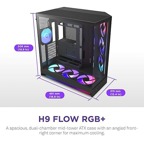 NZXT H9 Flow RGB+ (2025) Dual-Chamber Mid-Tower Case w/RGB Fans & Controller - All Black